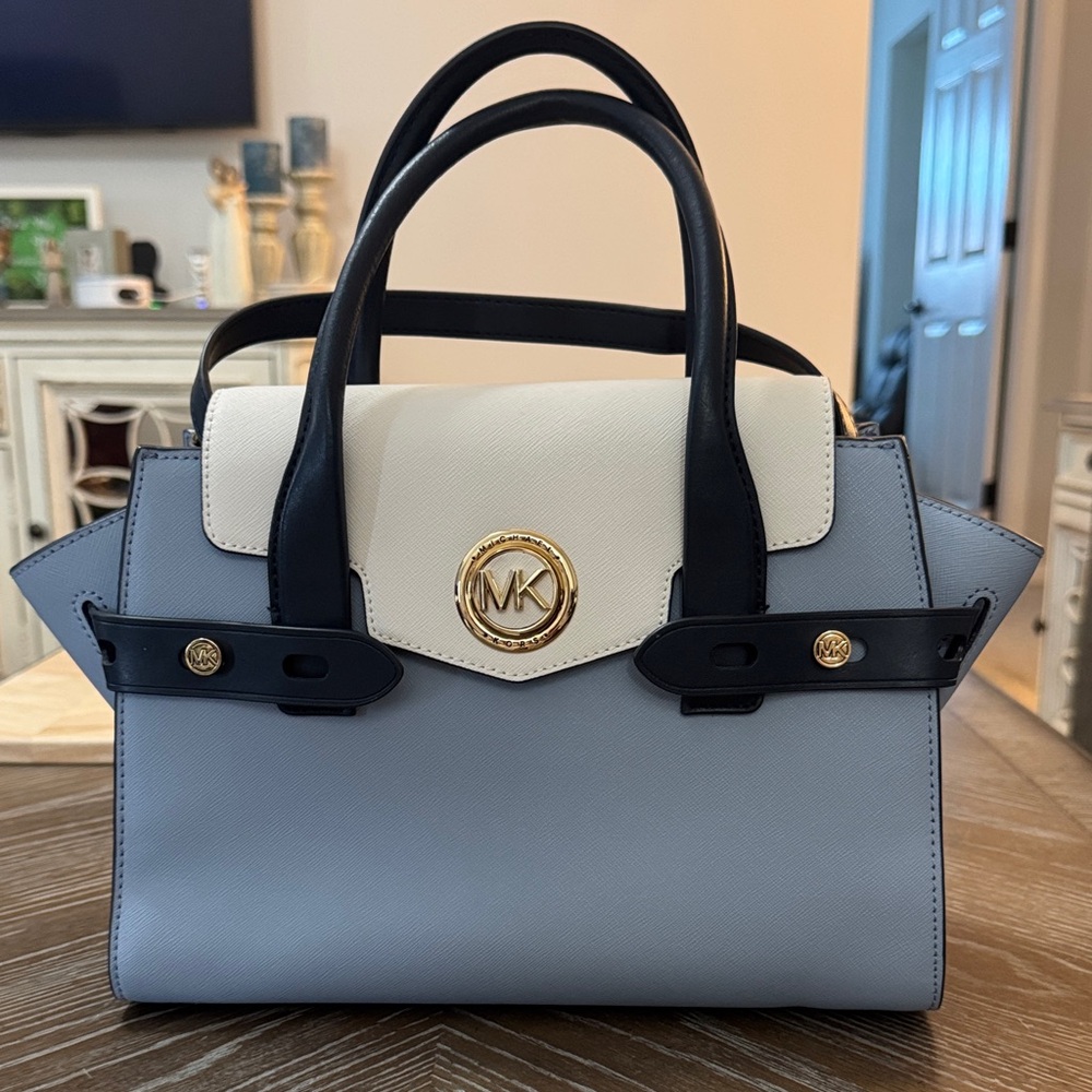 Michael Kors Carmen medium color-block faux saffiano leather belted satchel. - Picture 1 of 16